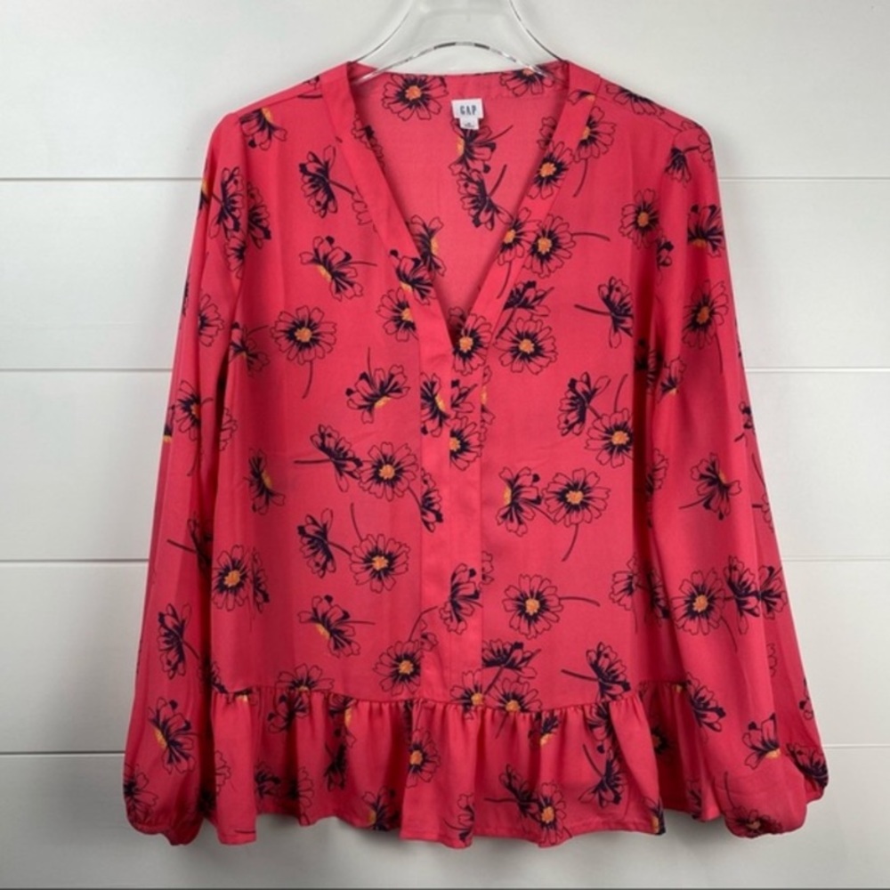 (4 for $20) 💛Gap Pink Long Sleeve V Neck Poppy Flower Print Peplum